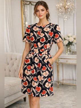 Hi There Karen Walker Floral Dress Black Coral Pleated Waist Size 4